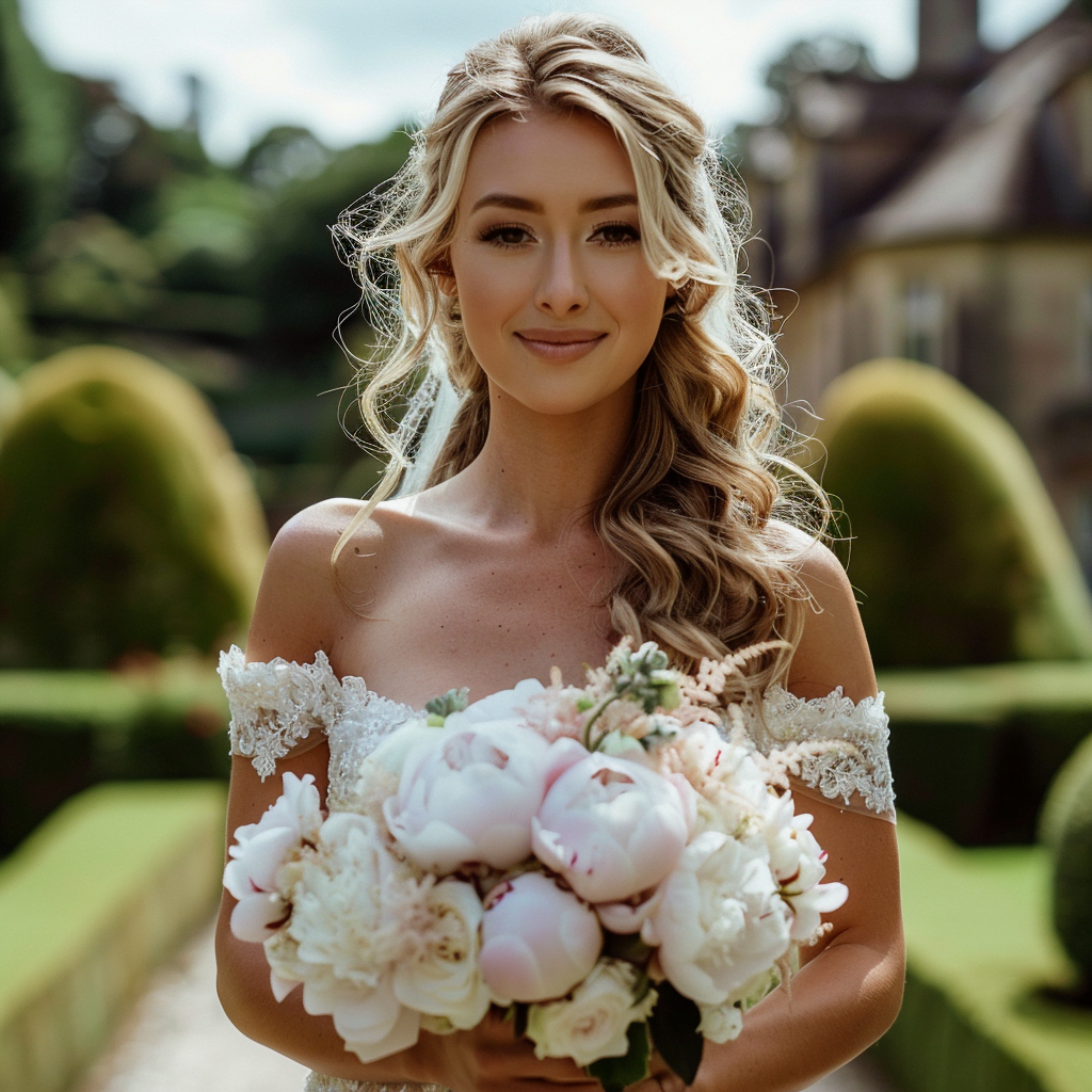 Elegant bride holding a wedding bouquet of peony flowers.