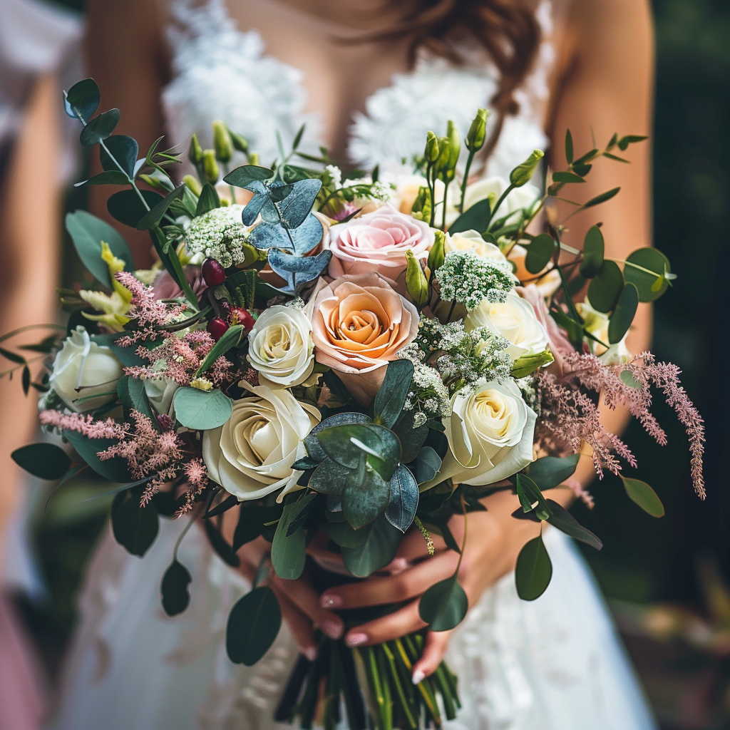 Bride Holding A Rose Wedding Bouquet Bromborough Flowers