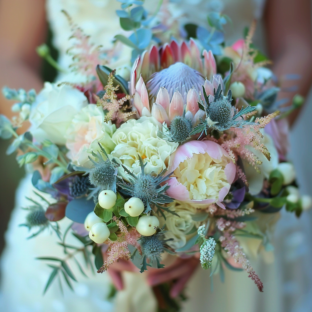 Wedding Flowers Bouquet with Protea, Eucalyptus and Peony